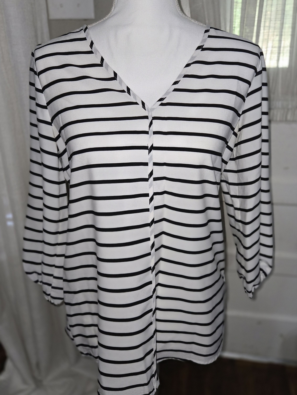 Zac & Rachel Black and White Striped V-Neck Blouse